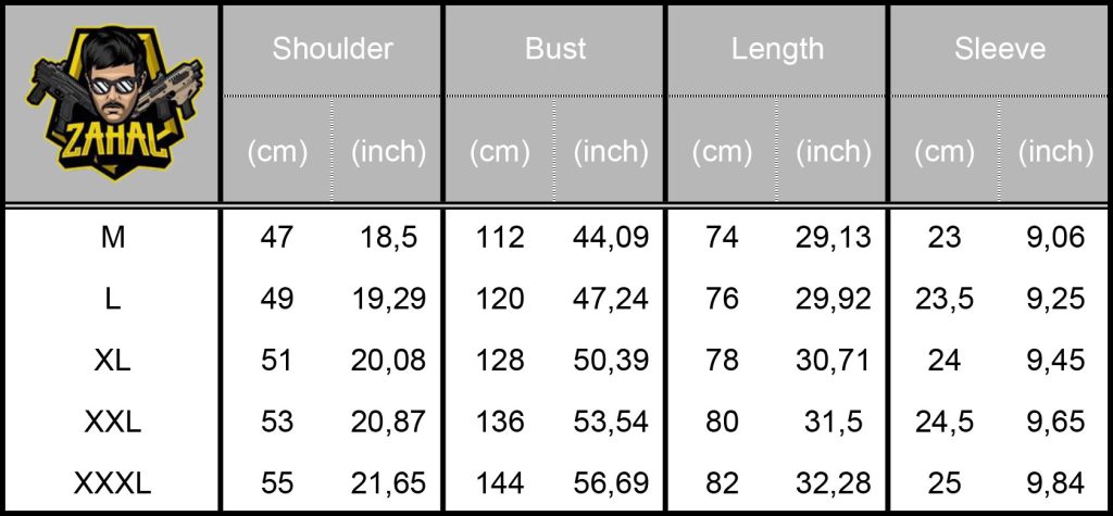 ZAHAL shirt size chart